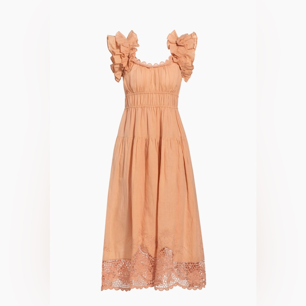 Ulla Johnson Linen Cotton Blend Leona Dress Midi Lace Cottage Ruffle Sz 4